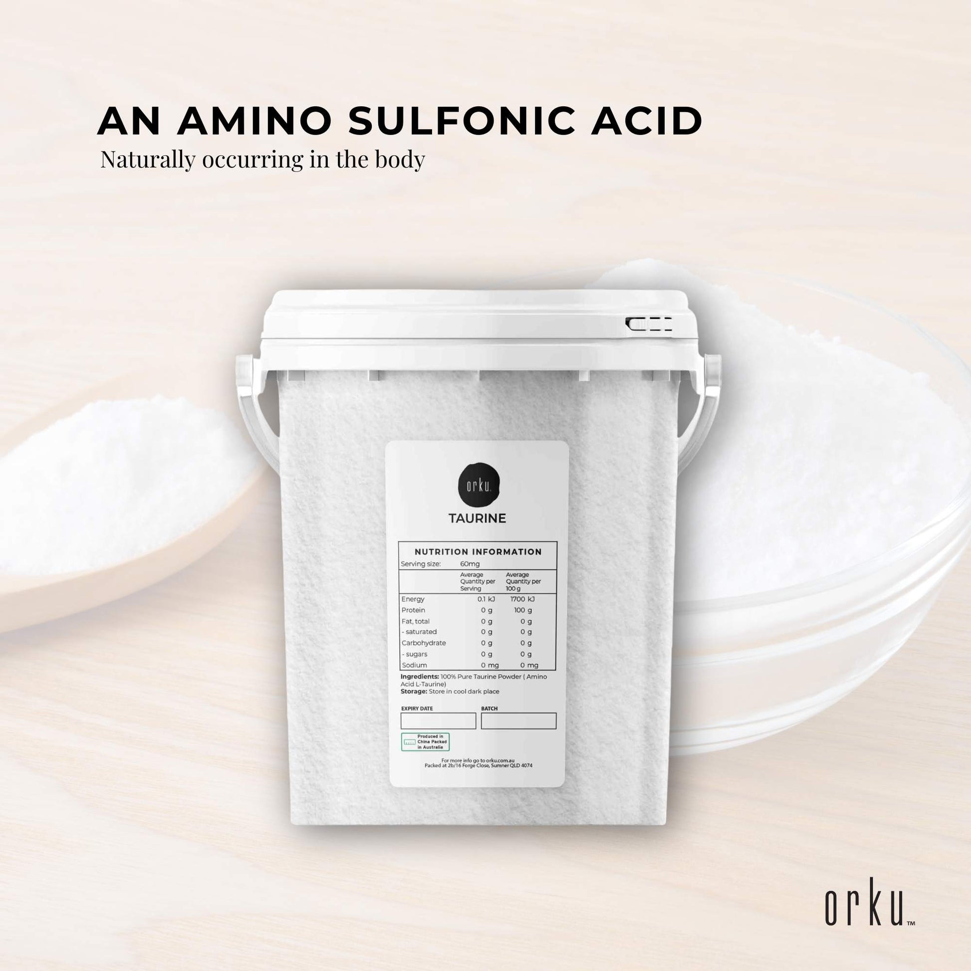 Orku Taurine Powder Tub - High Purity L-Taurine Amino Acid Ingredient Bulk