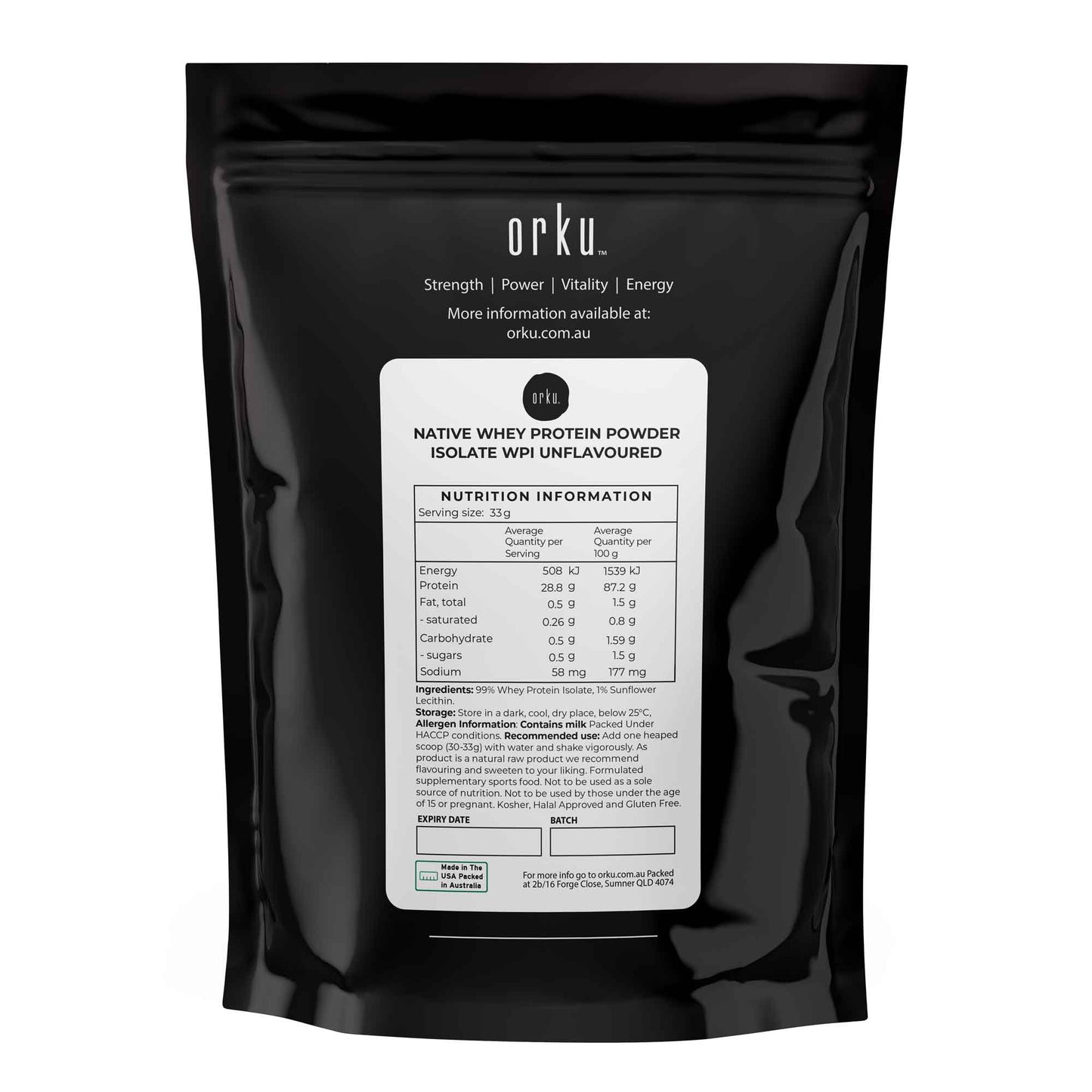 Orku 2Kg WPI Whey Protein Isolate Powder - Unflavoured Native Bag
