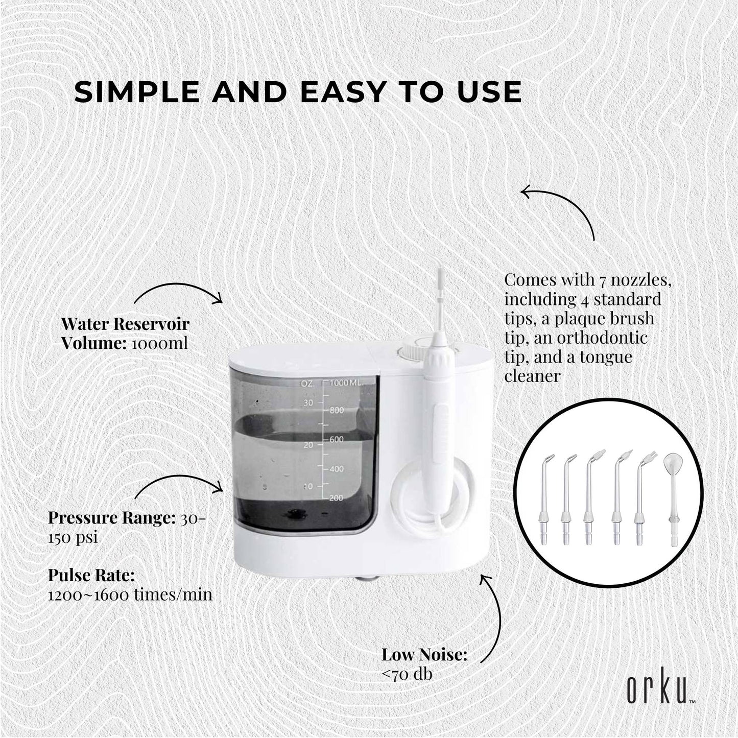 Orku Water Jet Dental Flosser 1000ml White - Electric Oral Pressure Irrigator