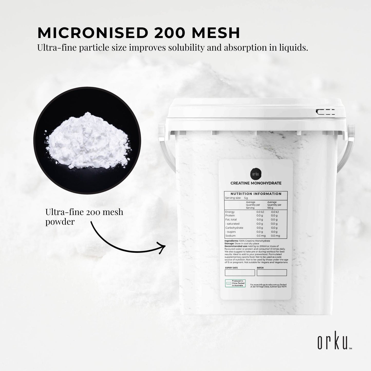 Orku Creatine Monohydrate Powder Bucket – 200 Mesh Micronised | 99.9% Purity