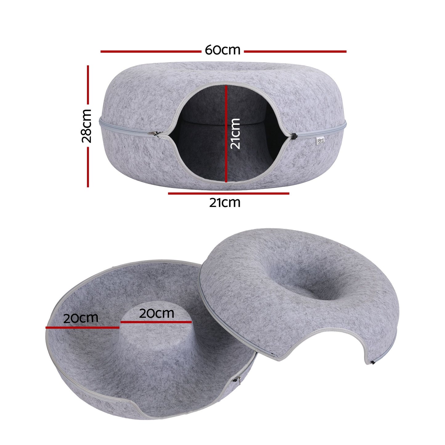 i.Pet Cat Bed with Tunnel 60x28CM Donut Felt Cave Hideaway Detachable Grey
