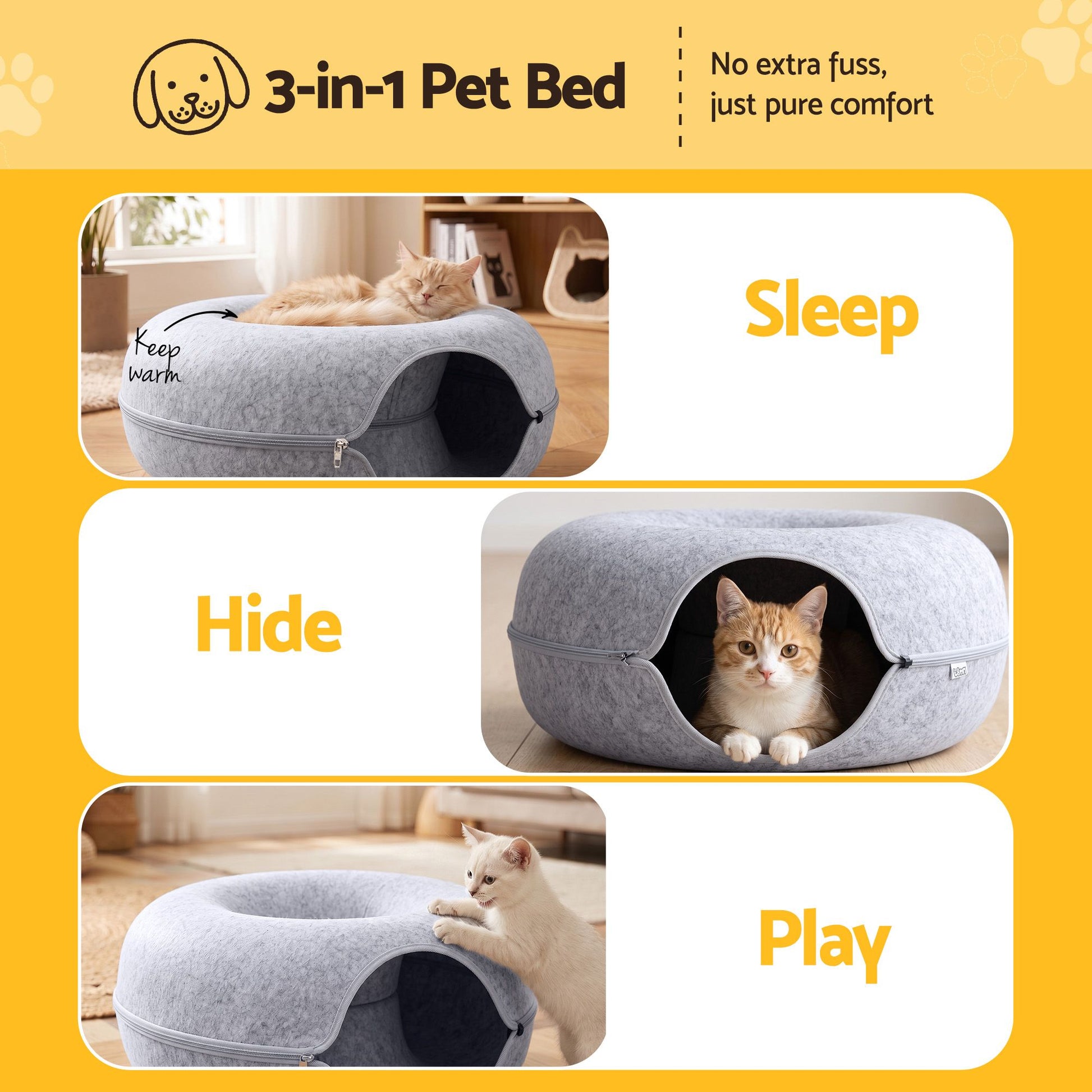 i.Pet Cat Bed with Tunnel 60x28CM Donut Felt Cave Hideaway Detachable Grey