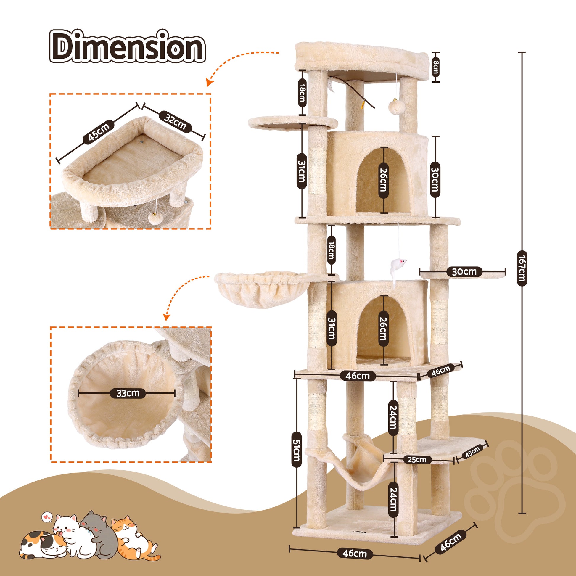 i.Pet Cat Tree Tower 167cm Large Scratching Post Furniture Scratcher House Beige