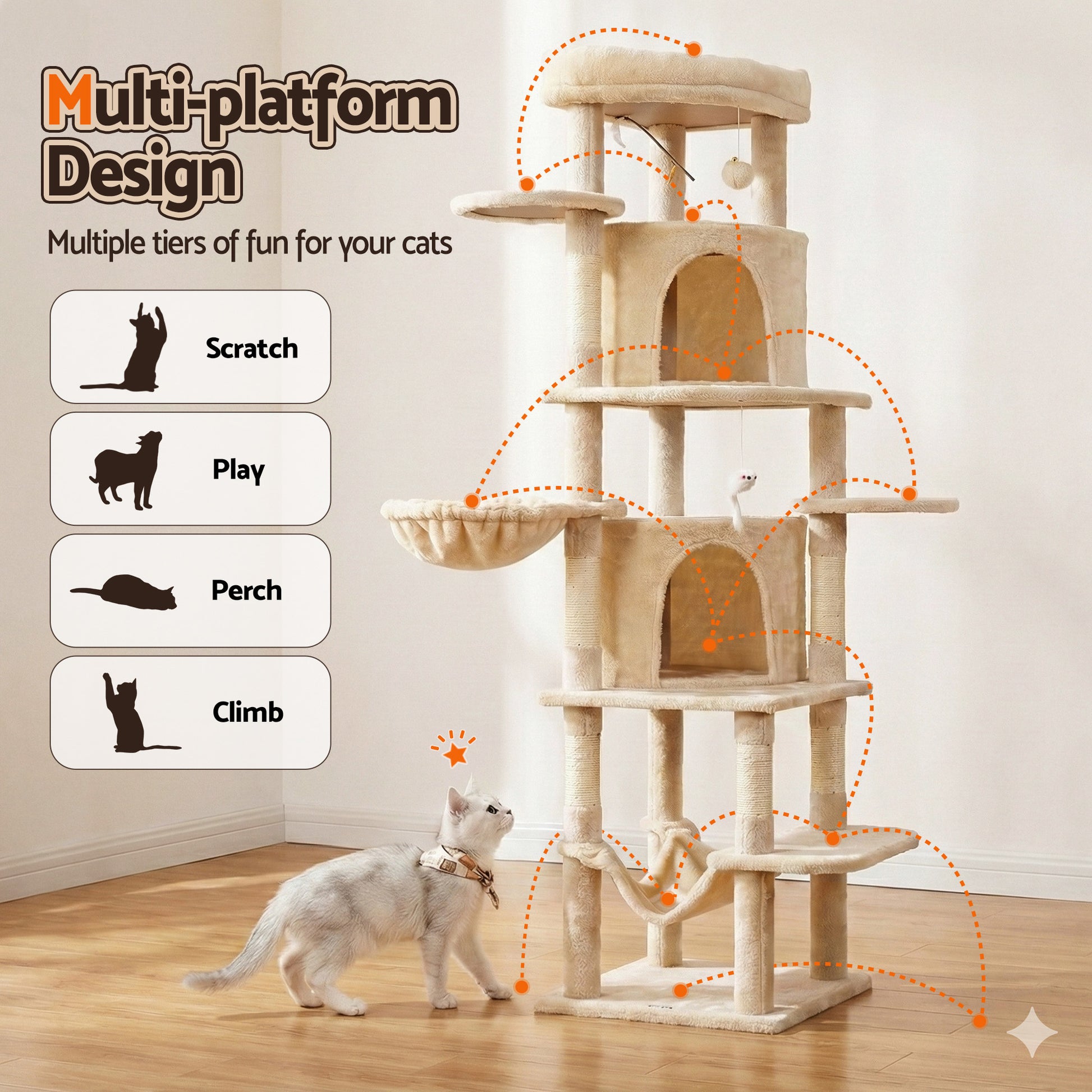 i.Pet Cat Tree Tower 167cm Large Scratching Post Furniture Scratcher House Beige