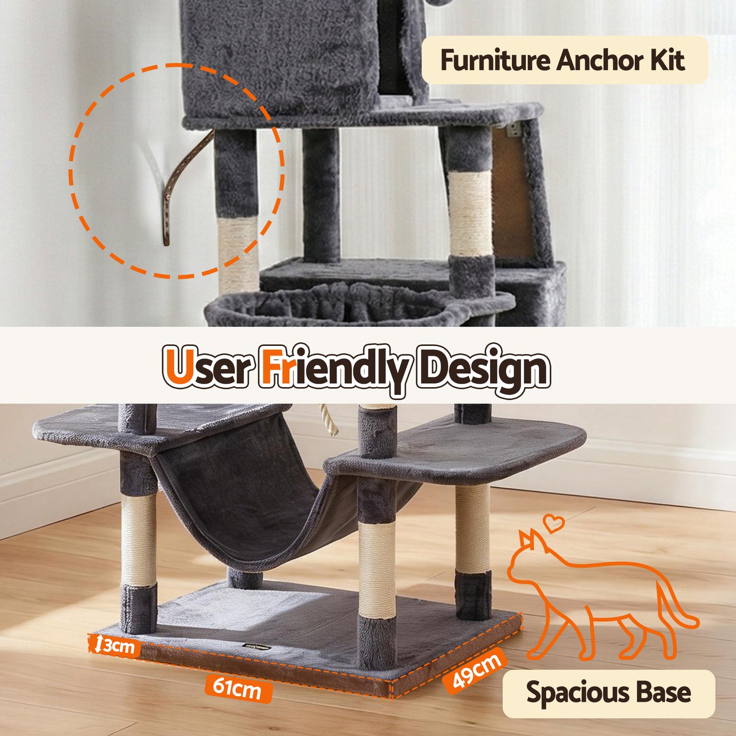 i.Pet Cat Tree Tower 206cm Large Scratching Post Furniture Scratcher House Grey