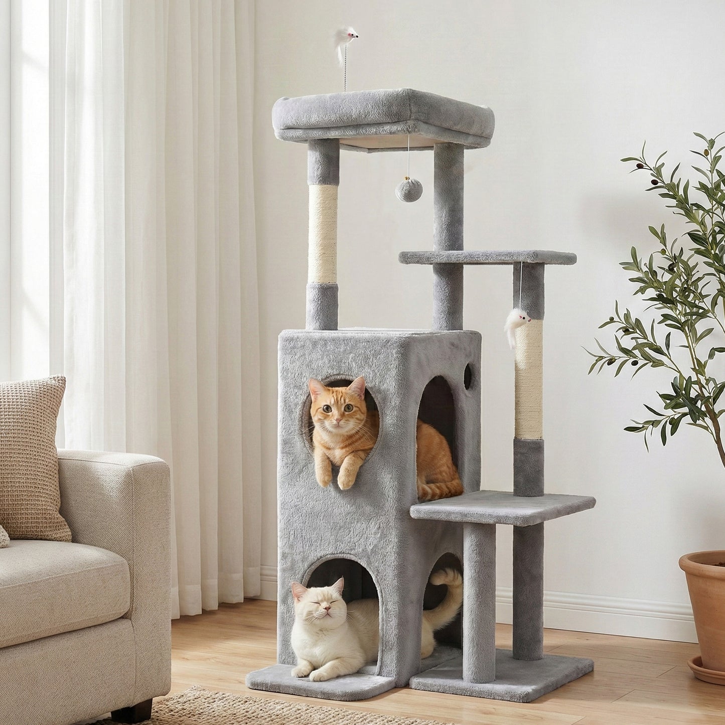 i.Pet Cat Tree Tower 127cm Scratching Post Furniture Scratcher House Light Grey