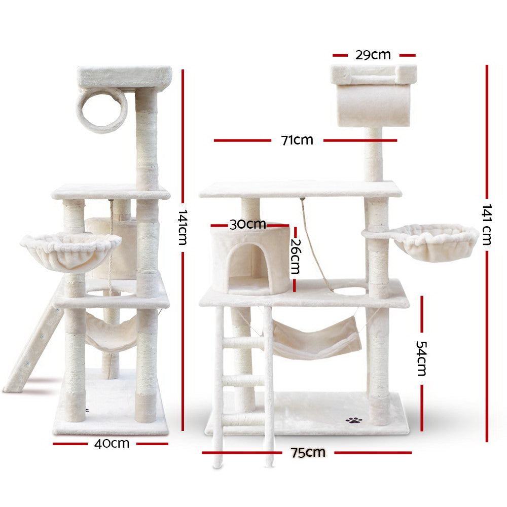 i.Pet Cat Tree 141cm Trees Scratching Post Scratcher Tower Condo House Furniture Wood Beige