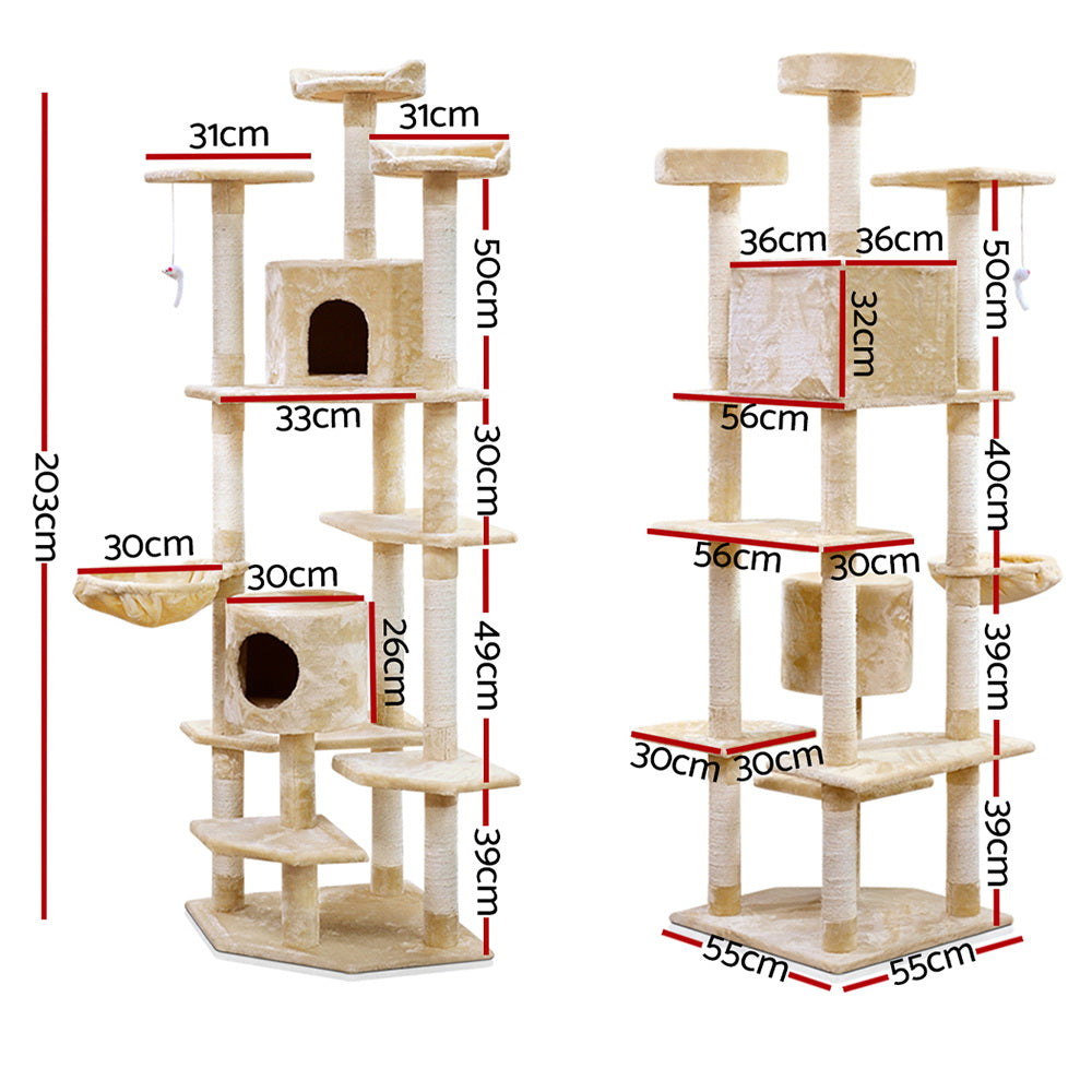 i.Pet Cat Tree 203cm Trees Scratching Post Scratcher Tower Condo House Furniture Wood Beige