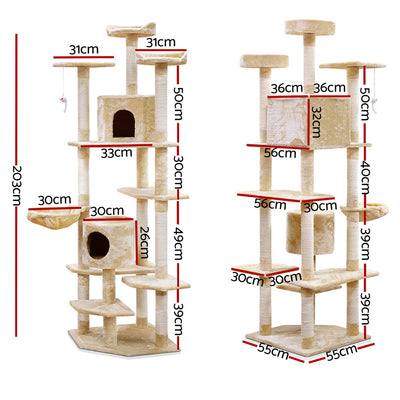 i.Pet Cat Tree 203cm Trees Scratching Post Scratcher Tower Condo House Furniture Wood Beige