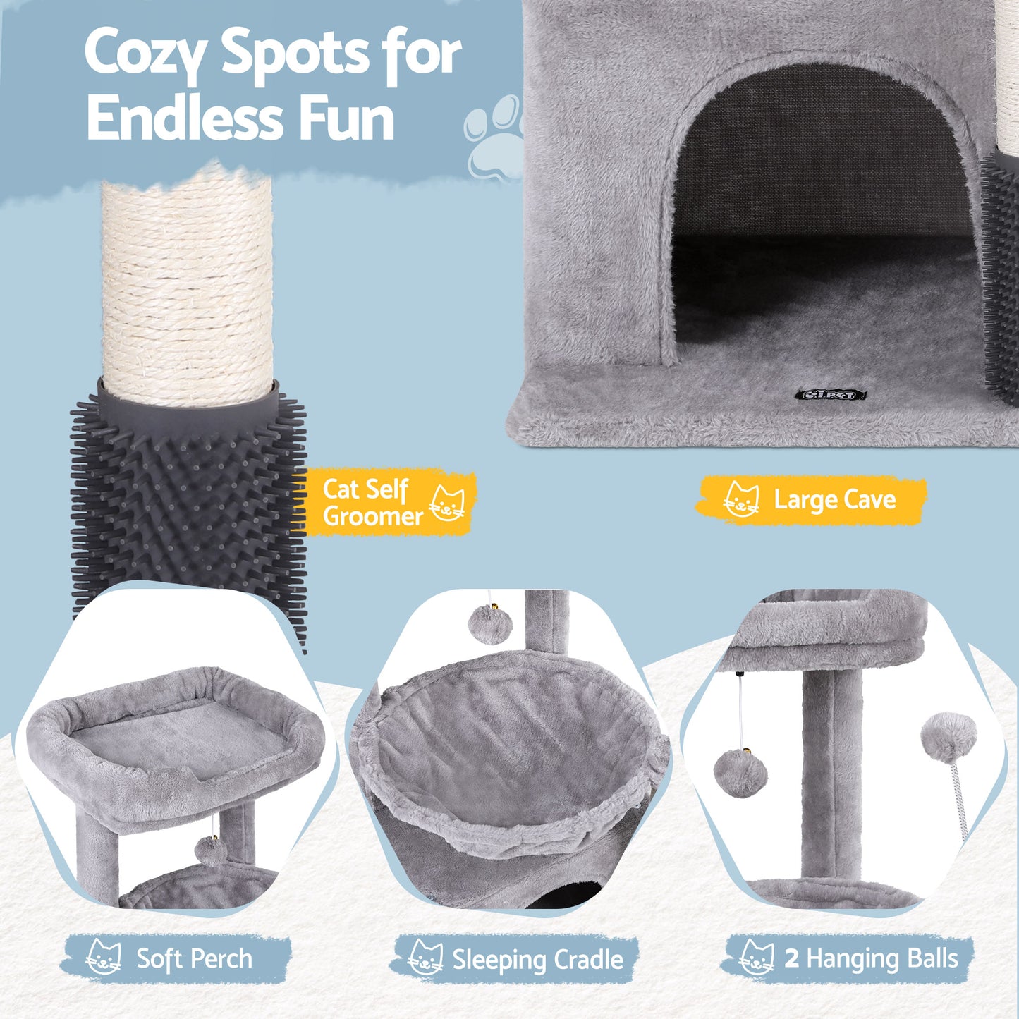 i.Pet Cat Tree Tower 82cm Scratching Post Furniture Scratcher House Light Grey