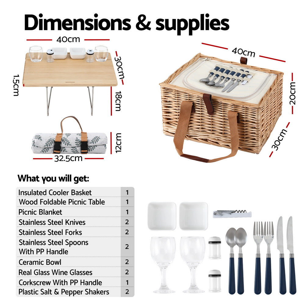 Alfresco 4 Person Picnic Basket Set with Table Blanket Cooler Wooden Insulated