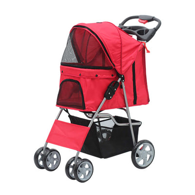 Pet Stroller Pram - Dog or Cat Red 4 Wheeled Folding Travel Buggy Pushchair