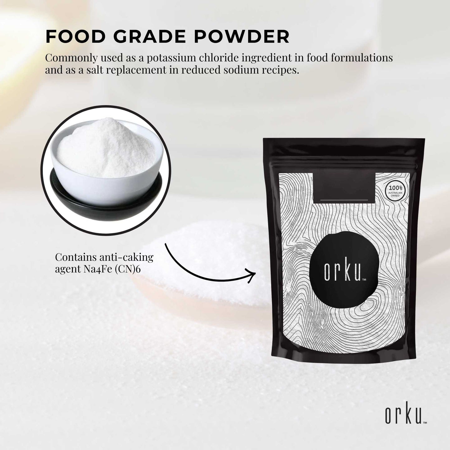 Orku 100g Potassium Chloride Powder (KCl) - Food Grade E508 Salt Substitute