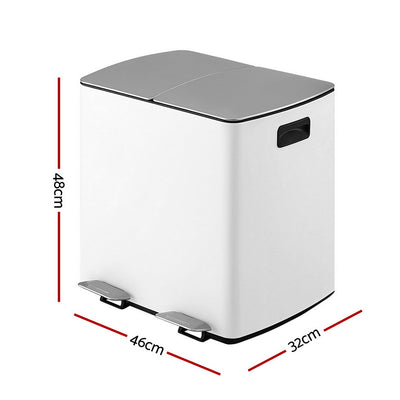 Cefito Pedal Bins Rubbish Bin Dual Compartment Waste Recycle Dustbins 40L White