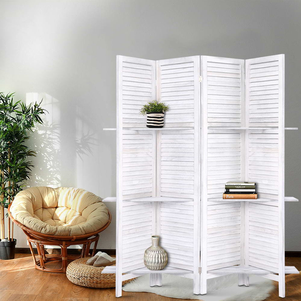 Artiss 4 Panel Room Divider Screen 163x170cm Shelf White – Ozdingo