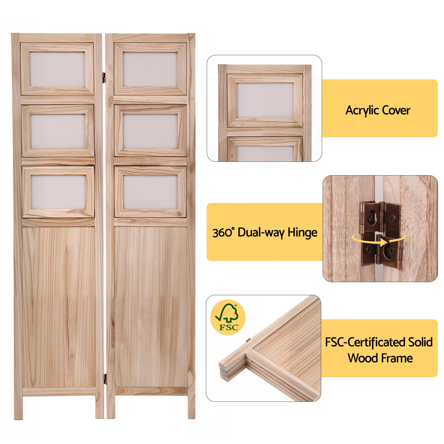 Artiss Room Divider 4 Panel Folding Privacy Screen Partition Rotatable Photo Frame Picture Collage Display Solid Wood Natural