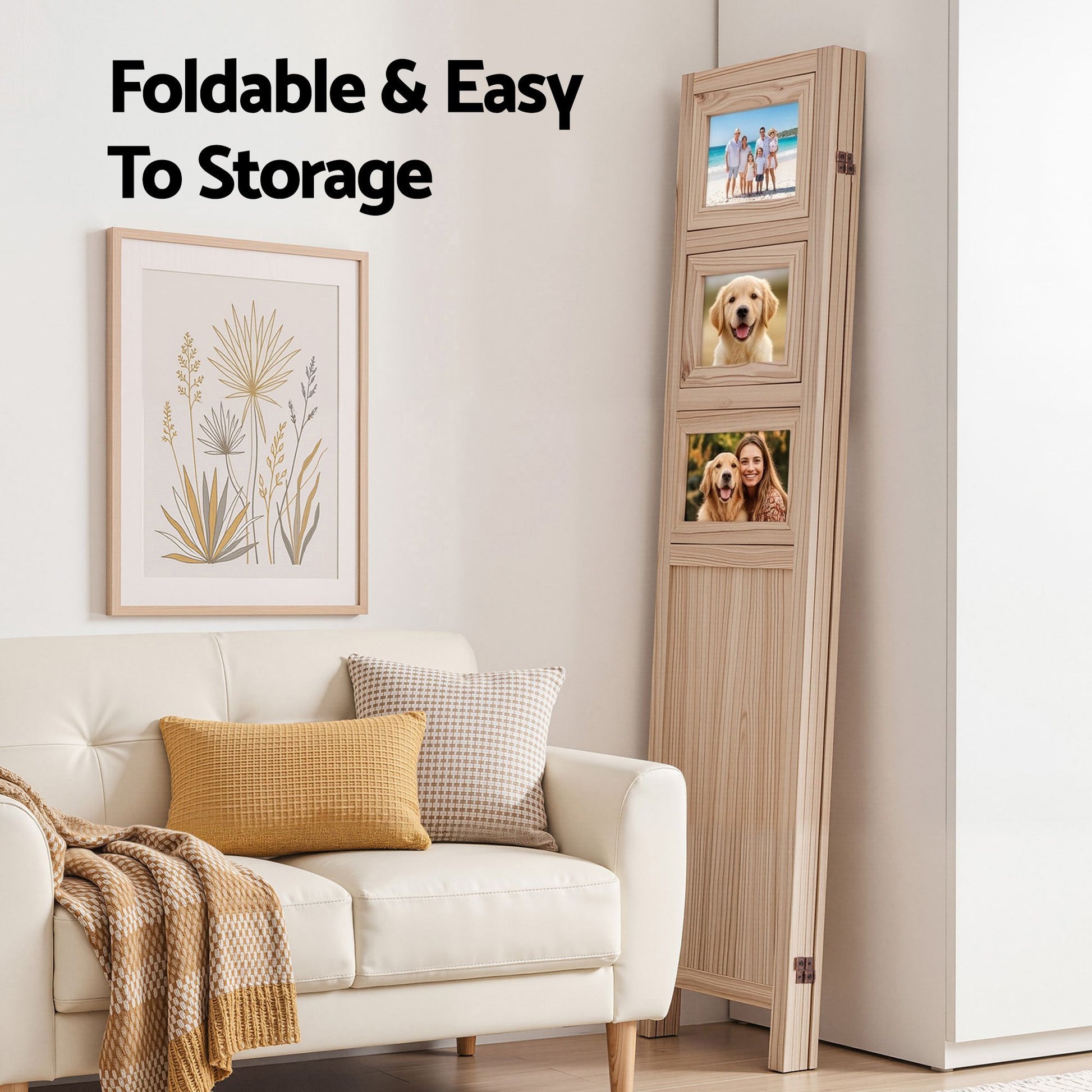 Artiss Room Divider 4 Panel Folding Privacy Screen Partition Rotatable Photo Frame Picture Collage Display Solid Wood Natural