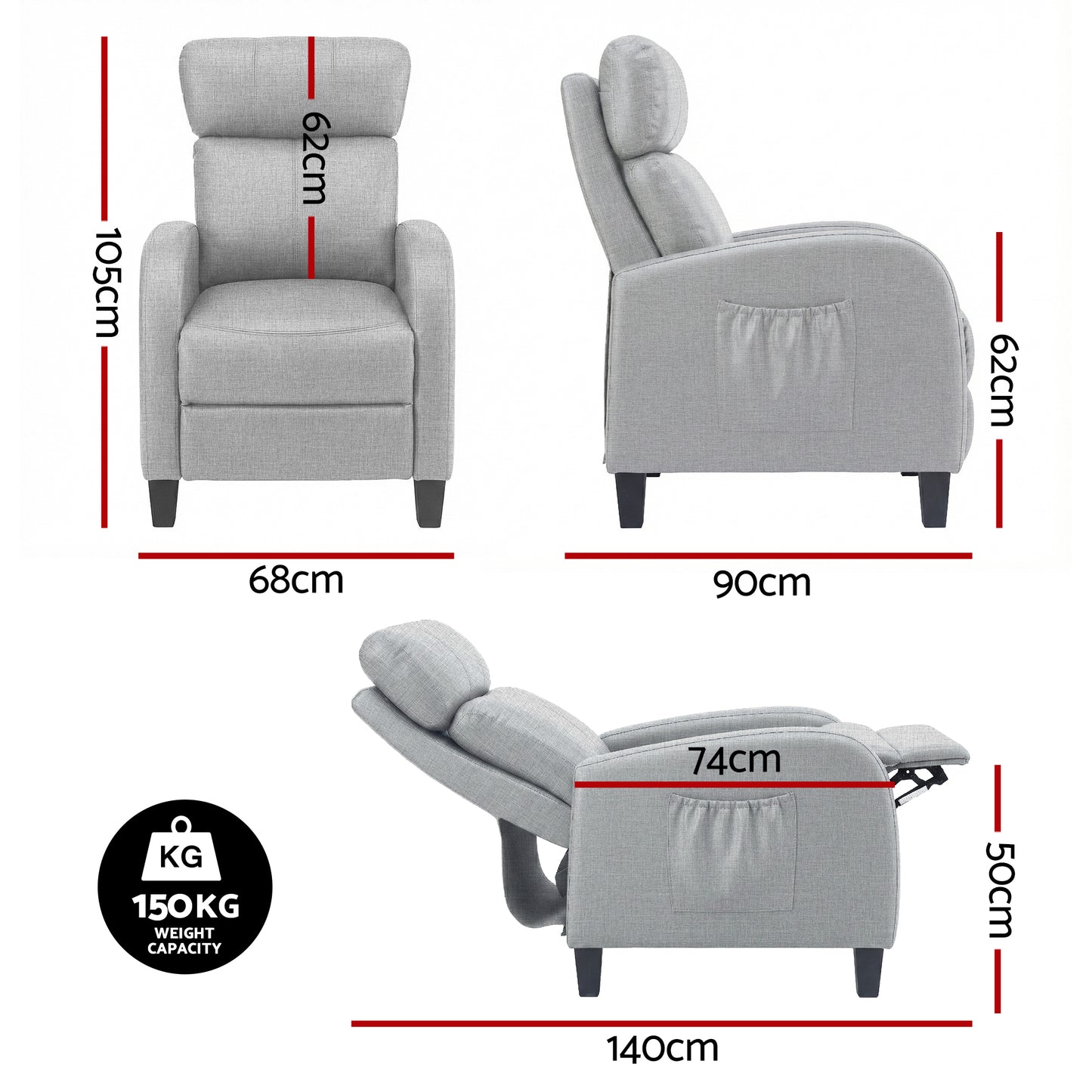 Artiss Massage Recliner Chair Small Recliner Sofa for Adults Fabric Grey