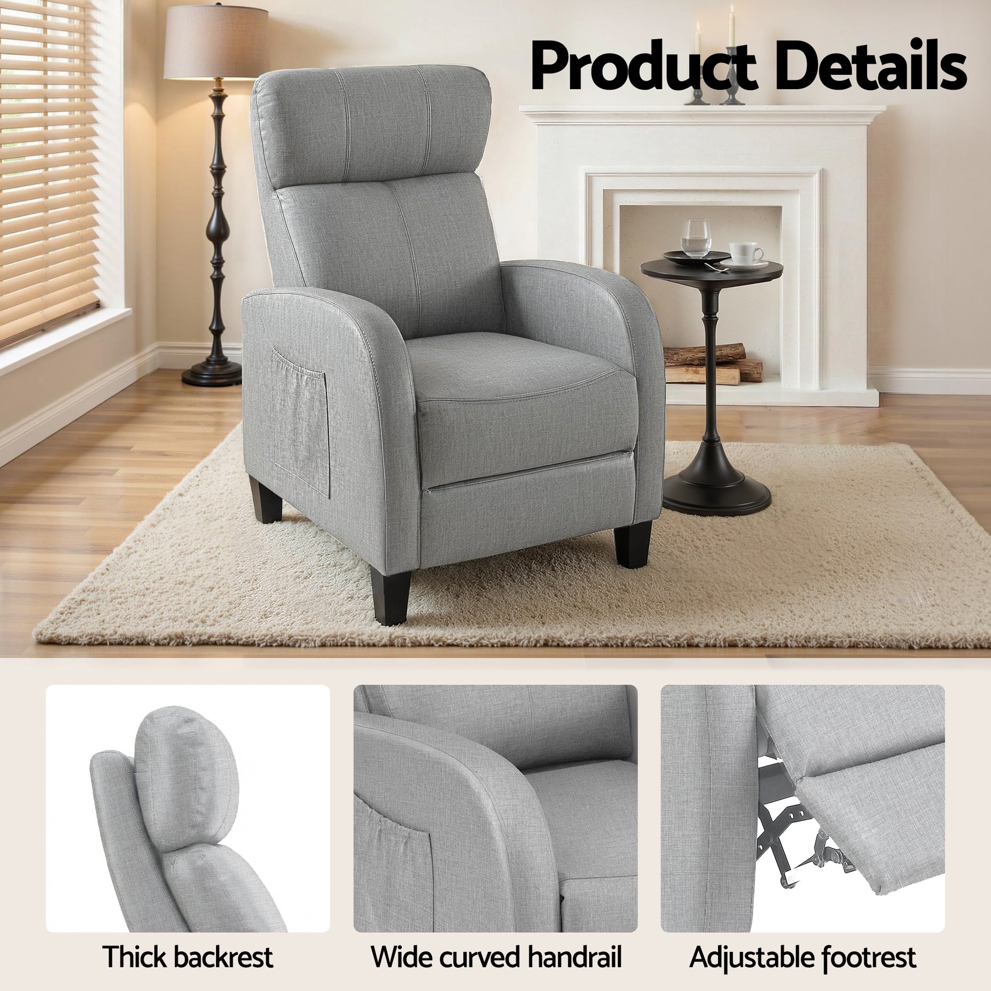 Artiss Massage Recliner Chair Small Recliner Sofa for Adults Fabric Grey