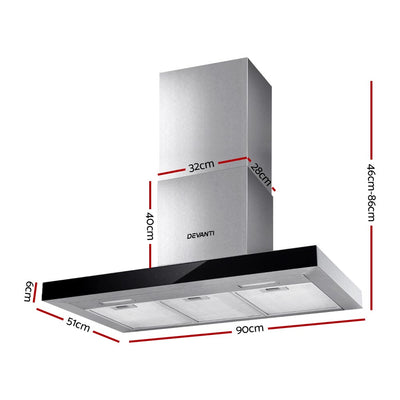 Devanti Range Hood 900mm Rangehood 90cm Stainless Steel Glass Kitchen Canopy Black