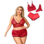 Red 3 Piece Lingerie Lace Set - Bra Panties Boxer Sexy Simulated Silk Underwear