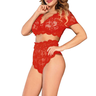 Red Lace Bra Top Lingerie Set Short Sleeve and High Waisted Panties Underwear