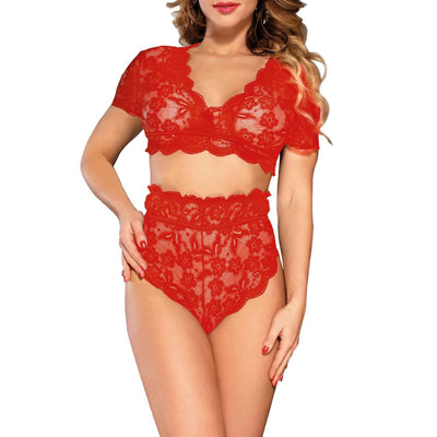 Red Lace Bra Top Lingerie Set Short Sleeve and High Waisted Panties Underwear