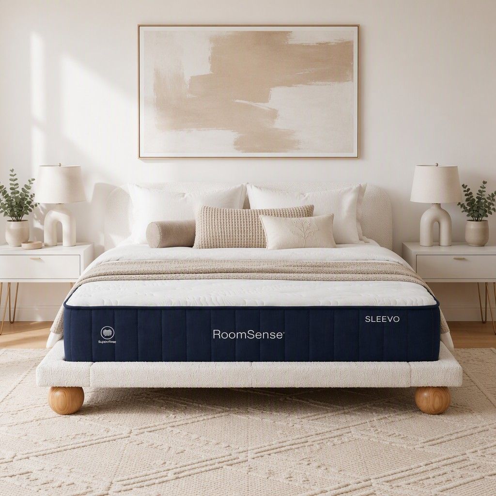 RoomSense Queen 26cm Firm Mattress Bundle with Beige Boucle Bed Frame