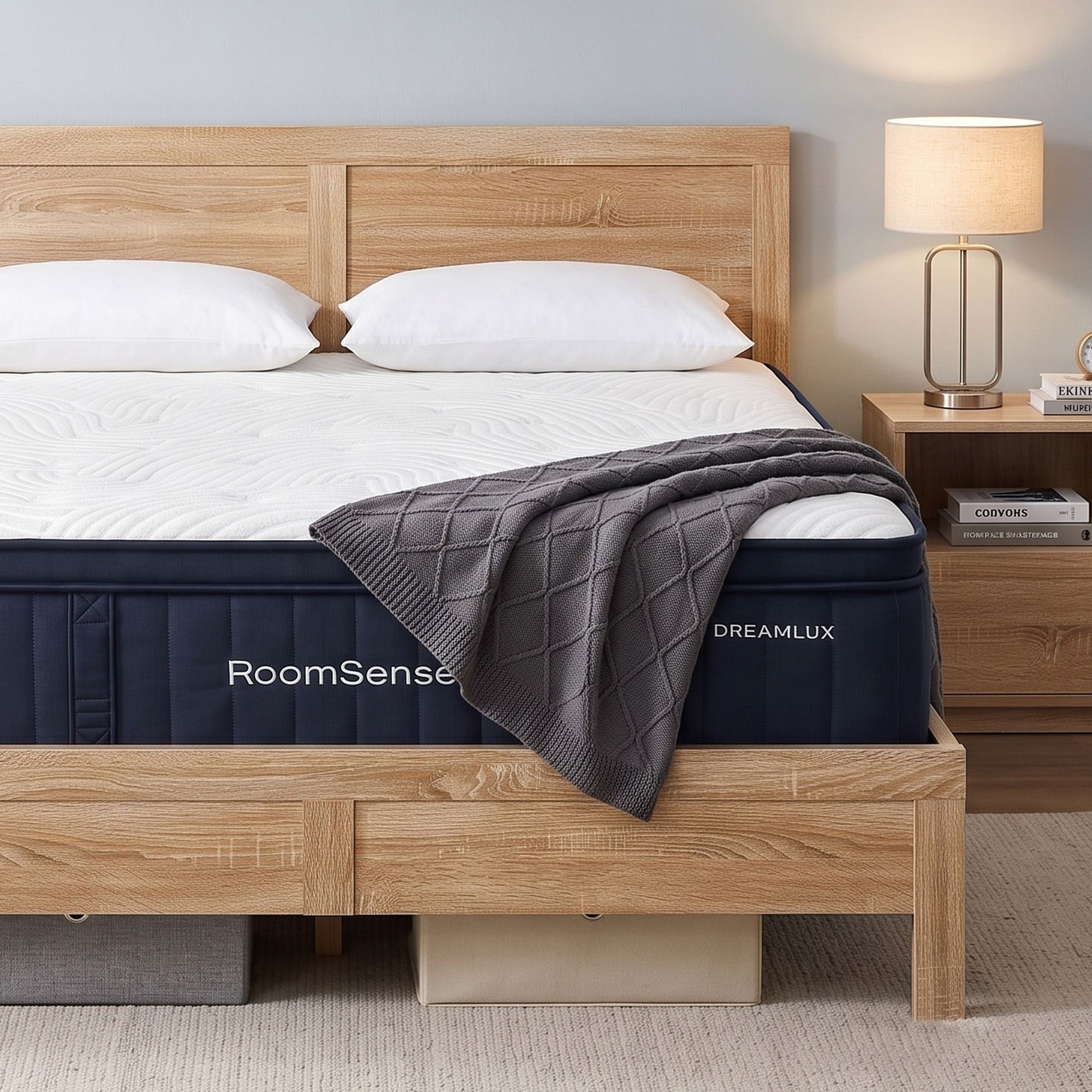 RoomSense Queen 34cm Medium Cooling Gel Mattress Bundle, Oatmeal Bed Frame