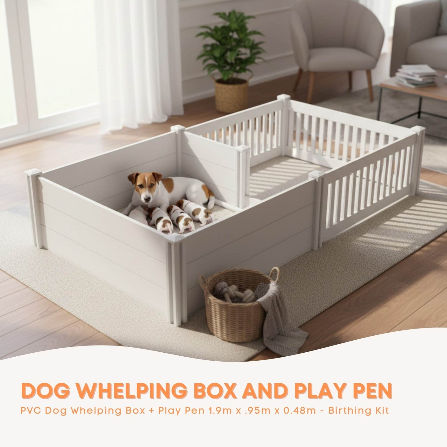 Rooster Farms 1.9m x 0.95m PVC Dog Whelping Box + Playpen Kit - Anti-Crush Rail