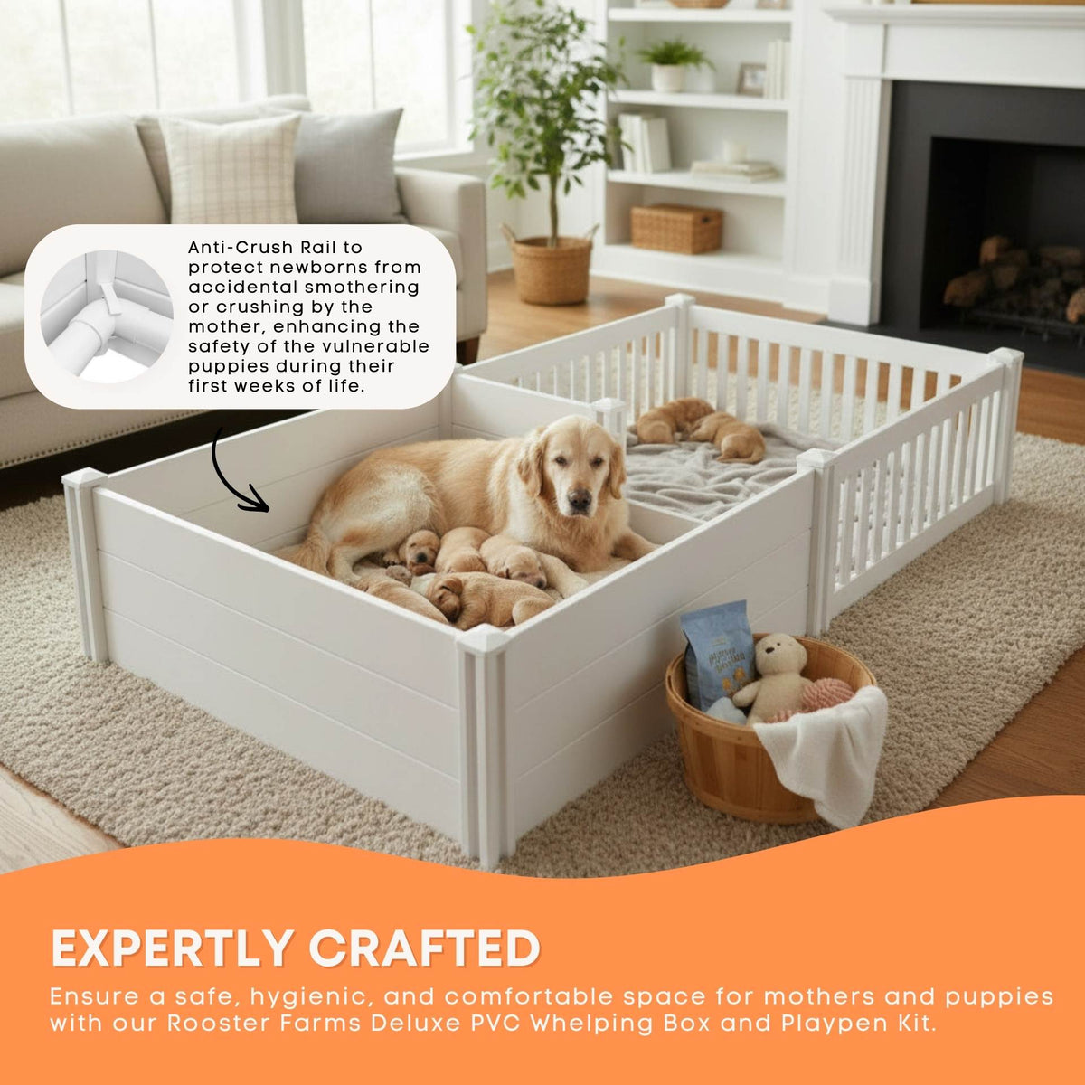 Rooster Farms 2.3m x 1.15m PVC Dog Whelping Box + Playpen Kit - Anti-Crush