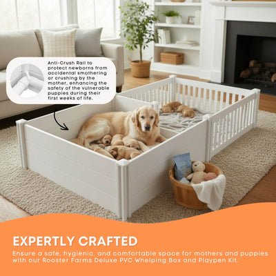 Rooster Farms 2.3m x 1.15m PVC Dog Whelping Box + Playpen Kit - Anti-Crush