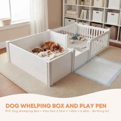 Rooster Farms 2.96m x 1.48m PVC Dog Whelping Box + Playpen Kit - Anti-Crush