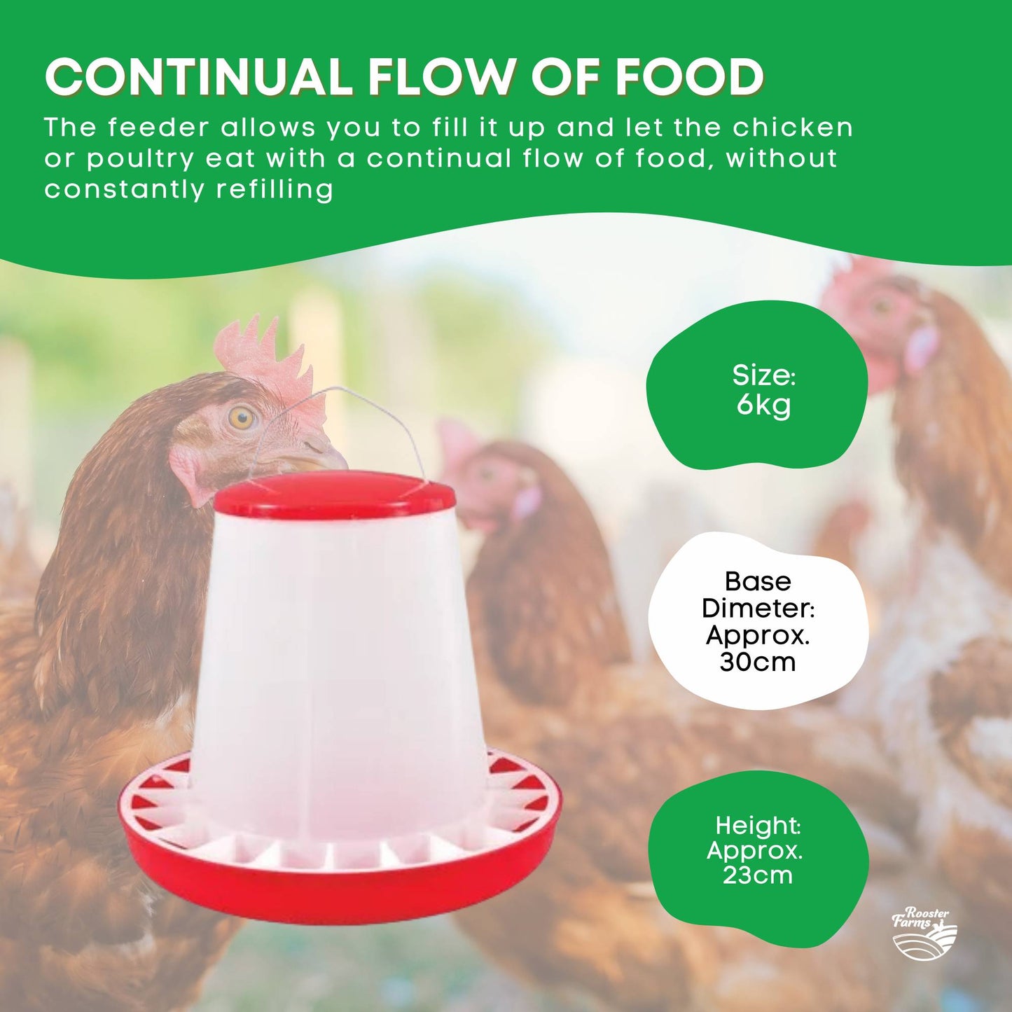 Rooster Farms 6Kg Automatic Chicken Feeder - Poultry Hen Feeding Seed Bucket