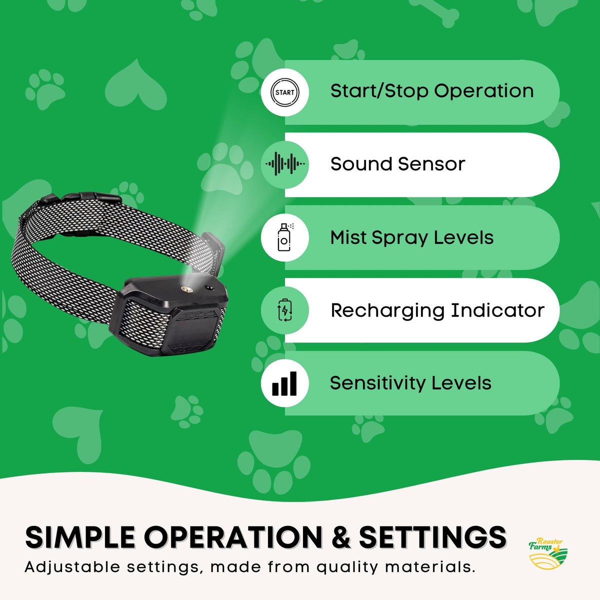 Rooster Farms Citronella Bark Collar Dog Training Sound Spray Rechargeable