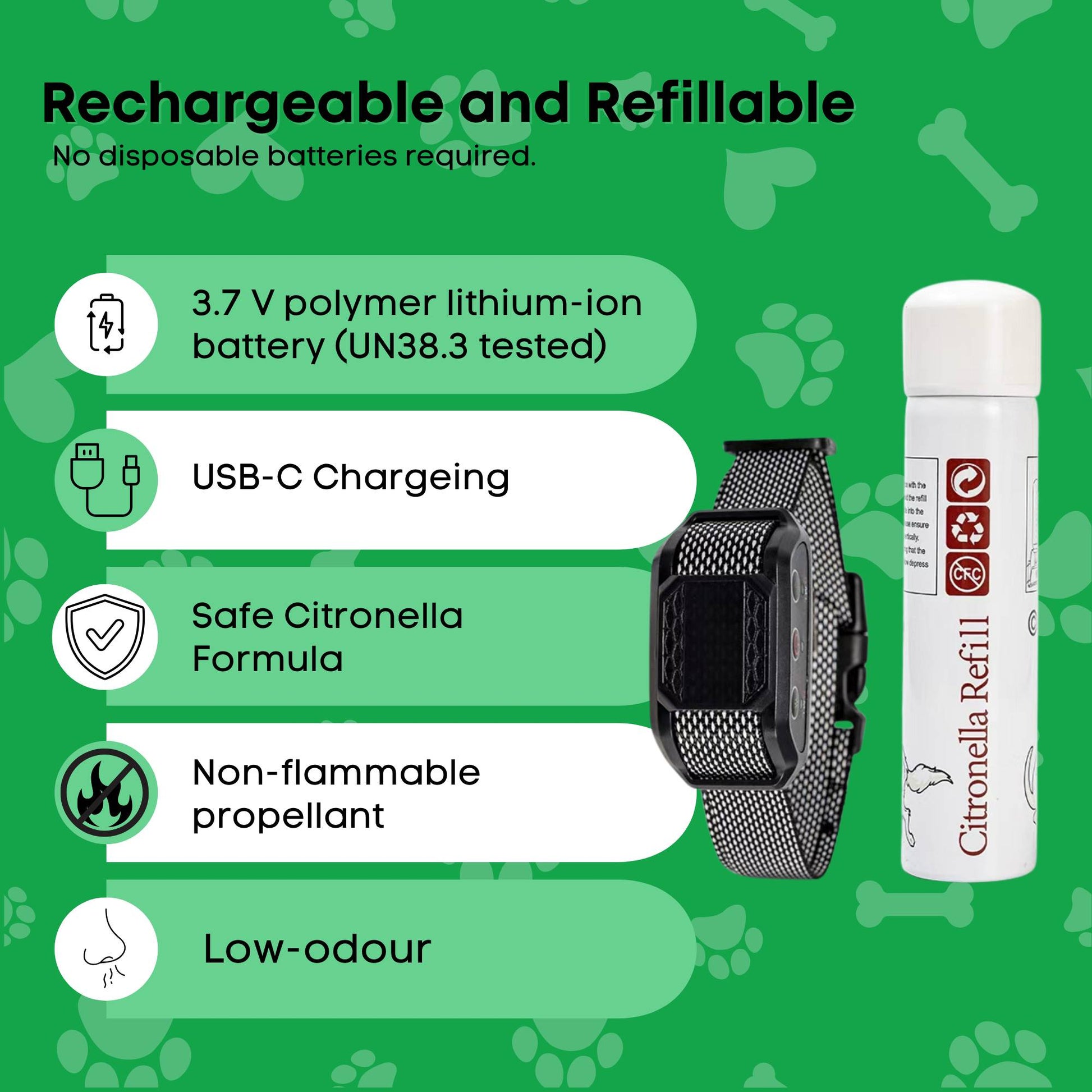 Rooster Farms Dog Bark Training Collar Citronella + Sound Rechargeable Automatic