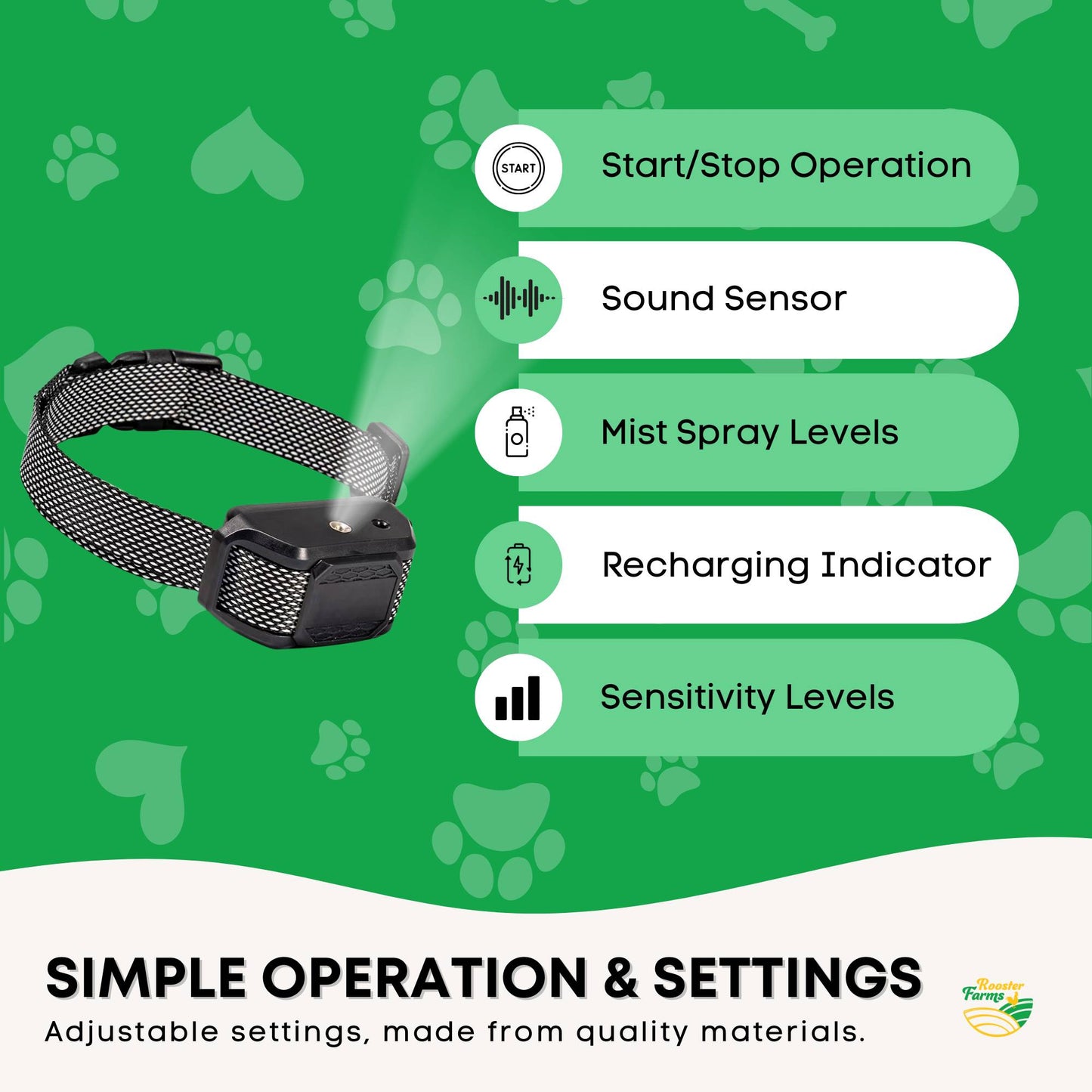 Rooster Farms Dog Bark Training Collar Citronella + Sound Rechargeable Automatic