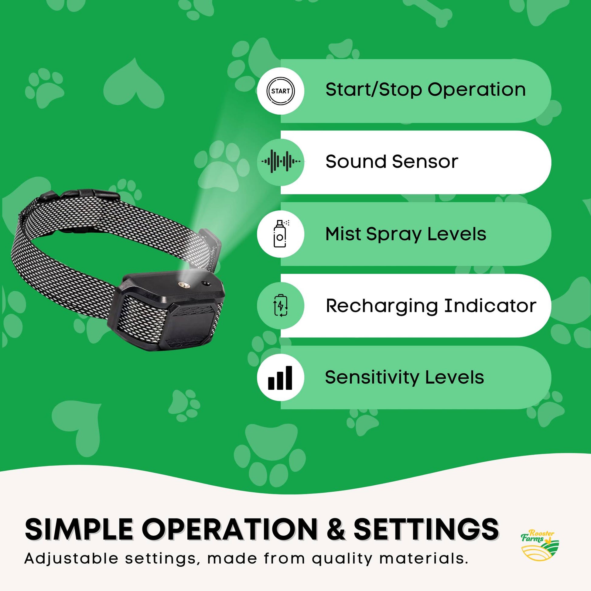 Rooster Farms Dog Bark Training Collar Citronella + Sound Rechargeable Automatic