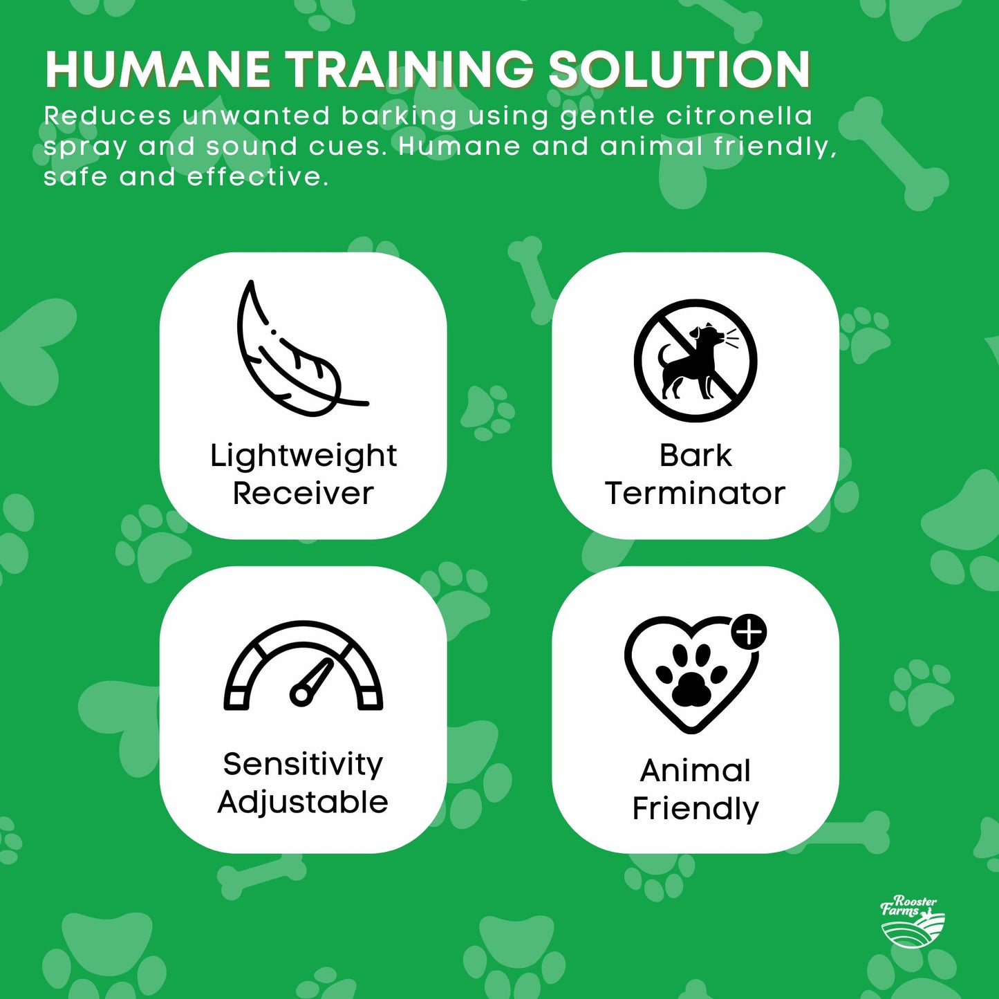 Rooster Farms Dog Bark Training Collar Citronella + Sound Rechargeable Automatic