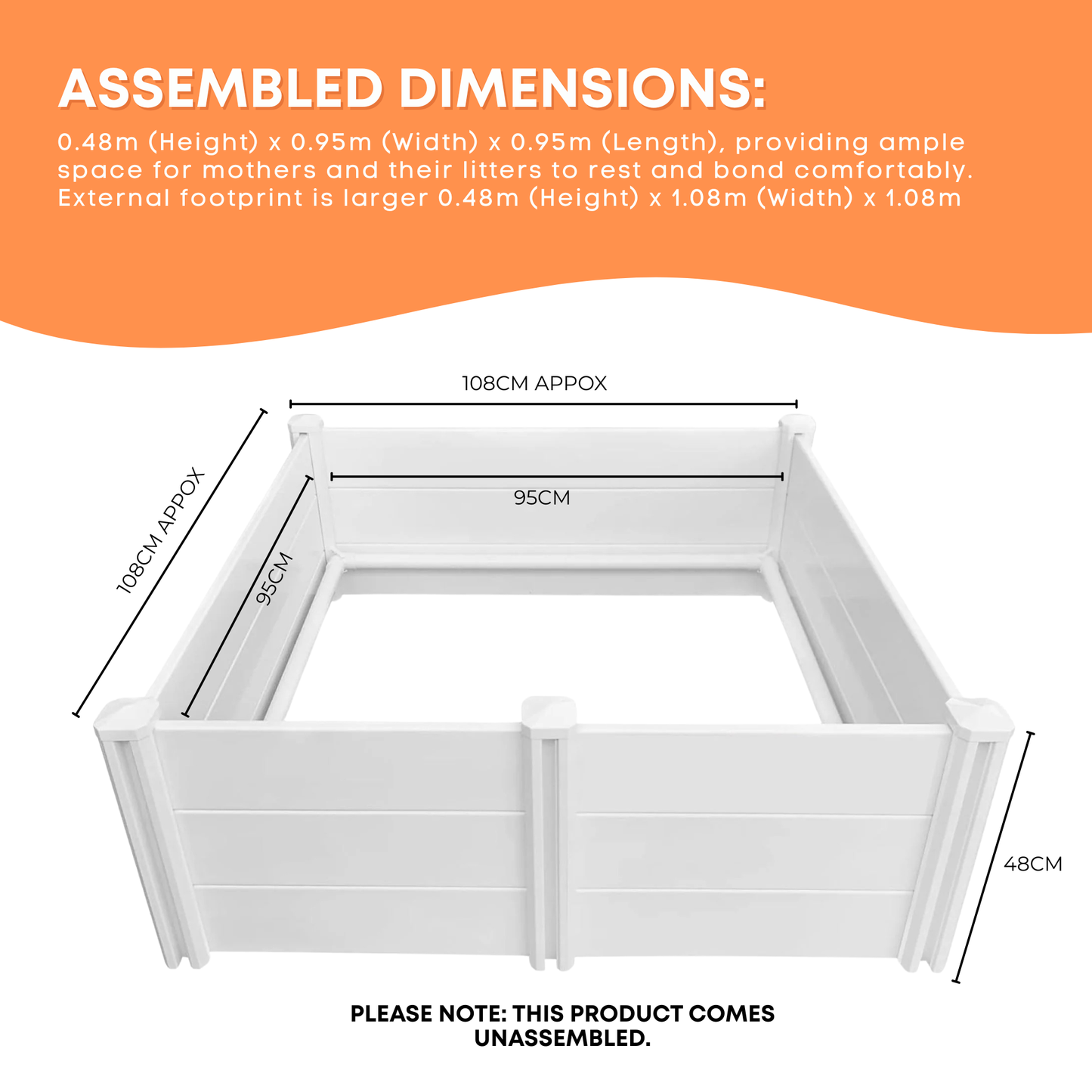 Rooster Farms Dog Whelping Box 0.95m x 0.95m x 0.48m - Puppy Birthing PVC Pen