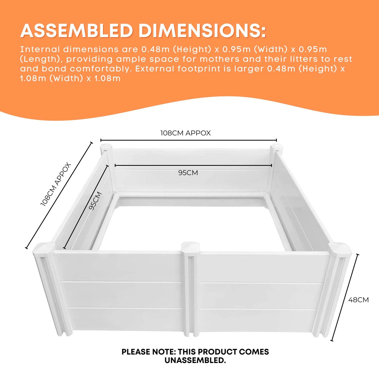 Rooster Farms Dog Whelping Box 0.95m x 0.95m x 0.48m - Puppy Birthing PVC Pen