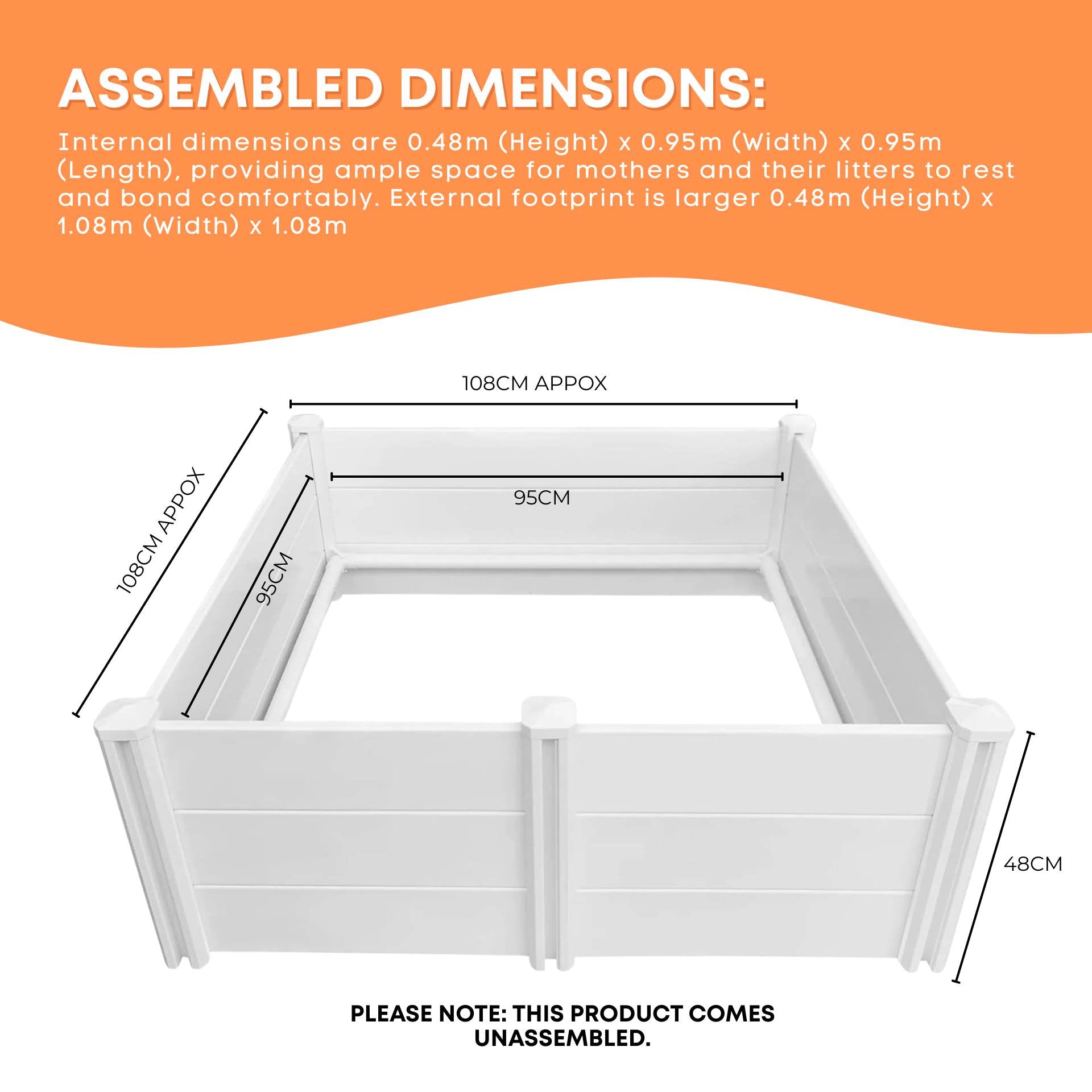 Rooster Farms Dog Whelping Box 0.95m x 0.95m x 0.48m - Puppy Birthing PVC Pen