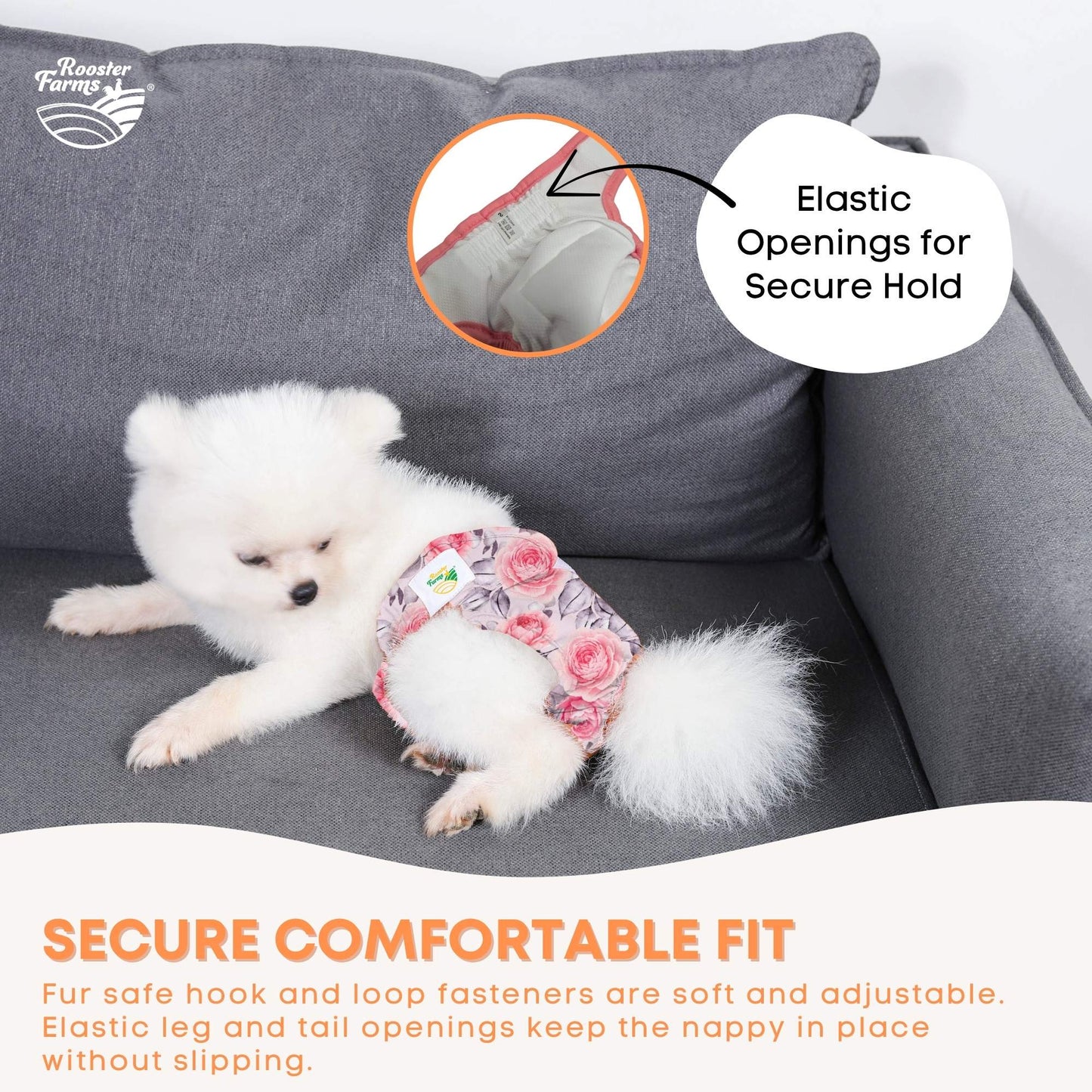 Rooster Farms Female Dog Diapers 3Pk Washable Reusable Nappies Hook + Loop Fit