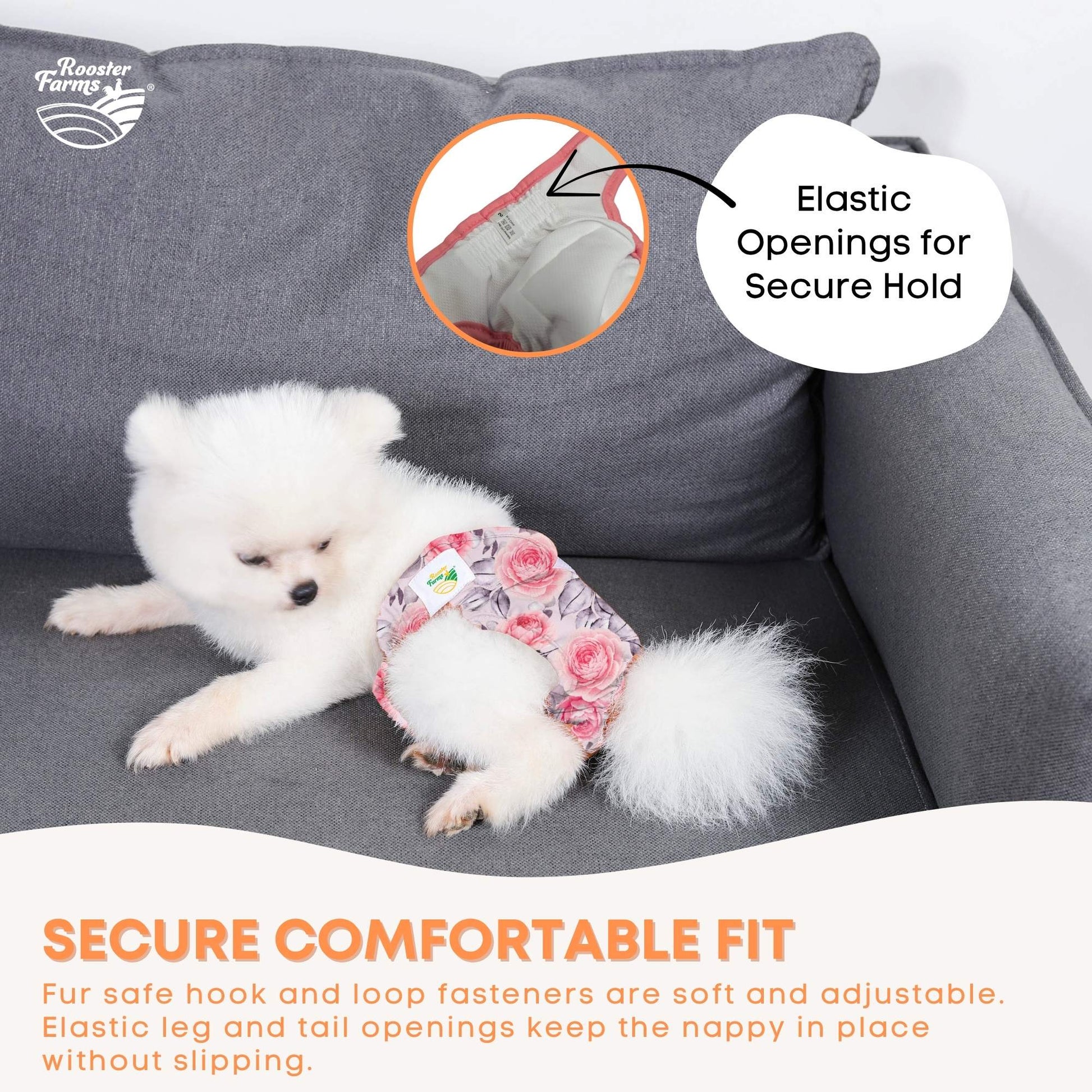 Rooster Farms Female Dog Diapers 3Pk Washable Reusable Nappies Hook + Loop Fit