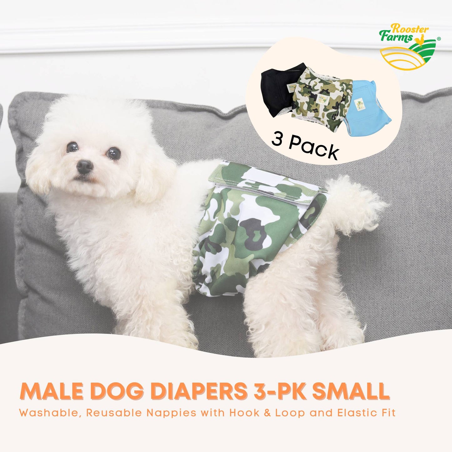 Rooster Farms Male Dog Diapers 3Pk Washable Reusable Nappies Hook + Loop Fit