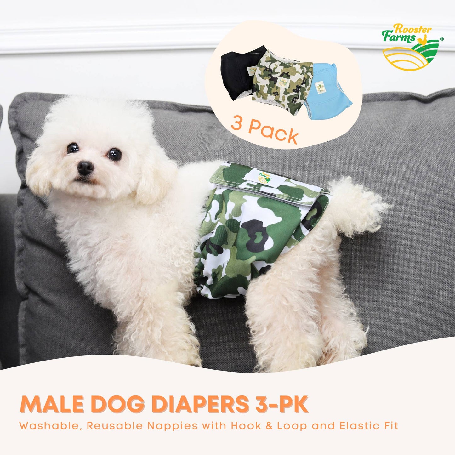 Rooster Farms Male Dog Diapers 3Pk Washable Reusable Nappies Hook + Loop Fit