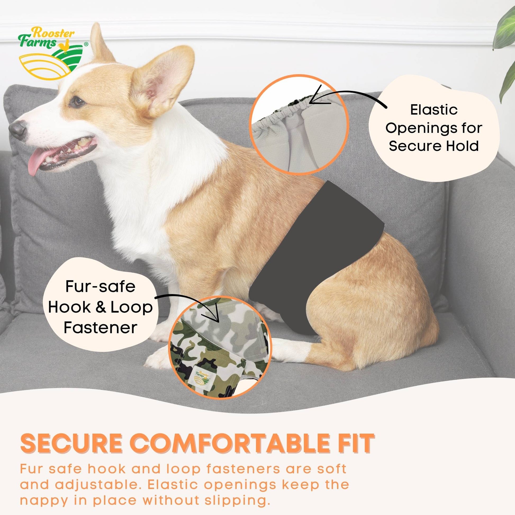 Rooster Farms Male Dog Diapers 3Pk Washable Reusable Nappies Hook + Loop Fit