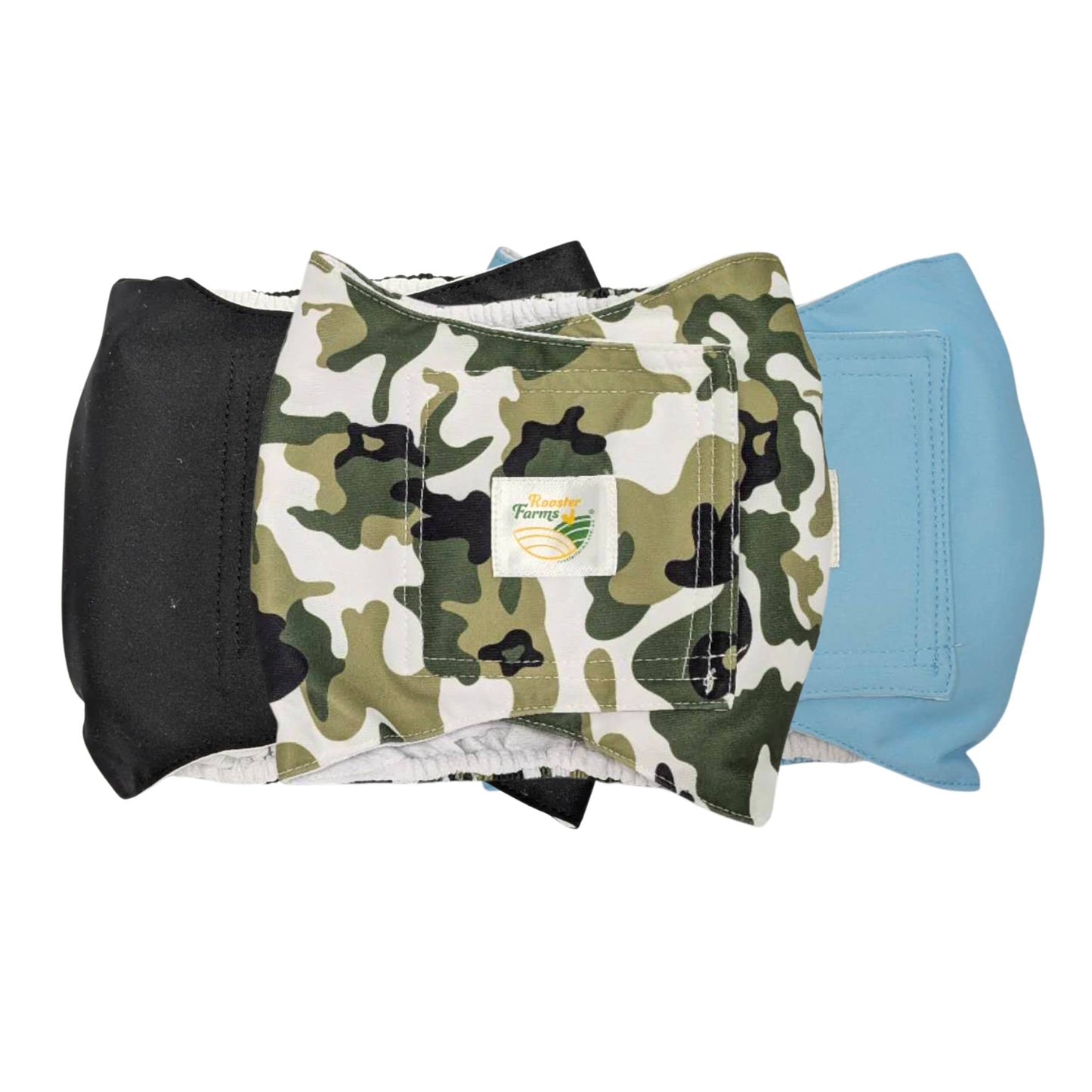 Rooster Farms Male Dog Diapers 3Pk Washable Reusable Nappies Hook + Loop Fit