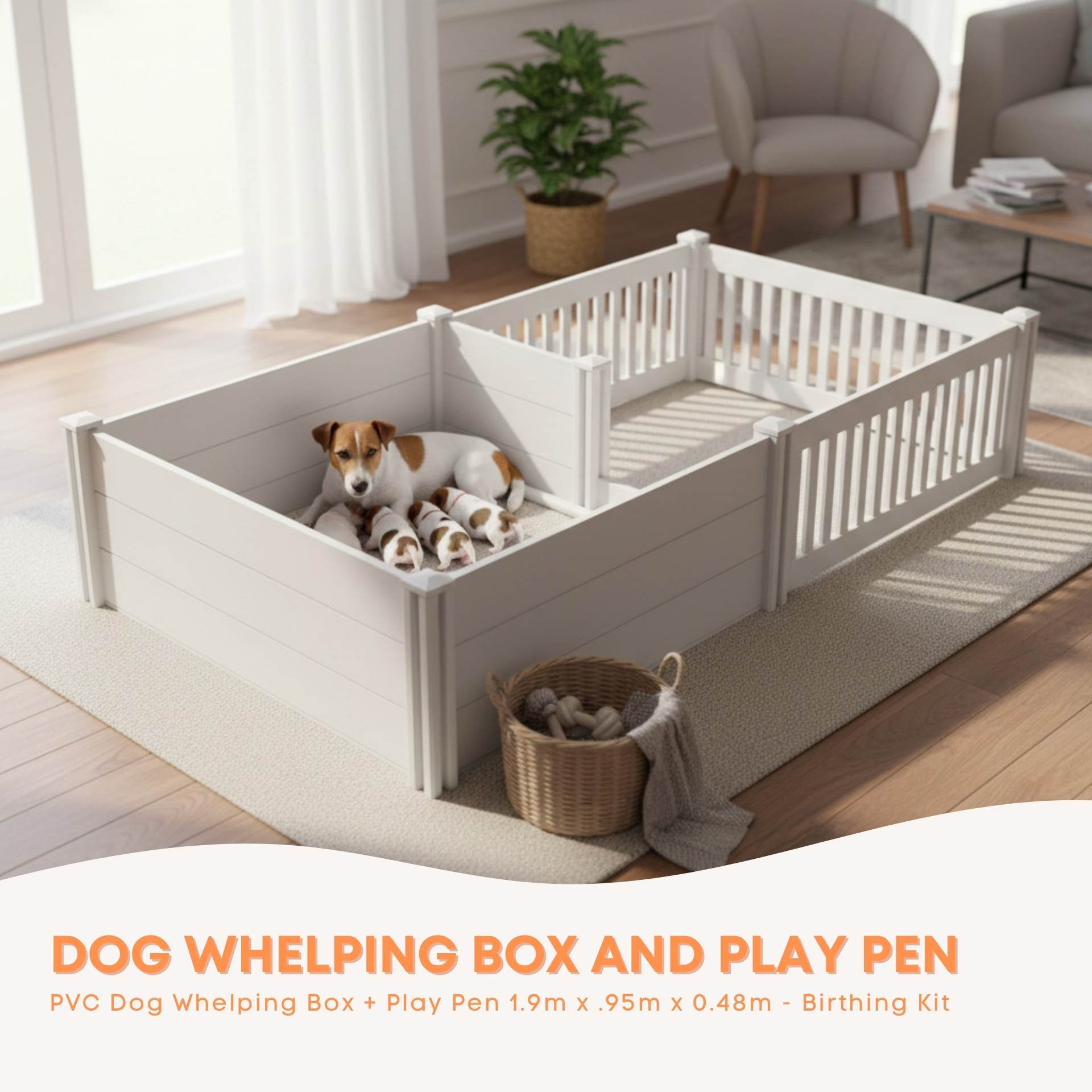 Rooster Farms PVC Dog Whelping Box + Play Pen 1.9m x .95m x 0.48m - Birthing Kit