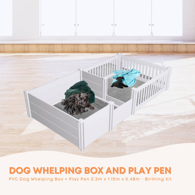Rooster Farms PVC Dog Whelping Box + Play Pen 2.30m x 1.15m x 0.48m - Birthing Kit